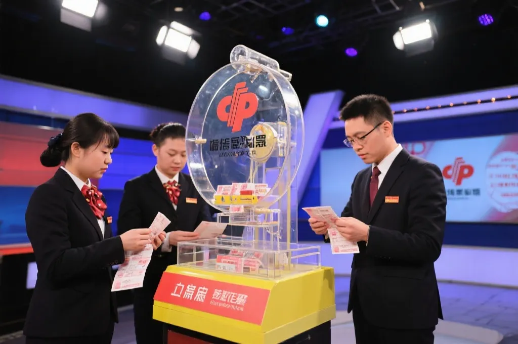 彩票开奖现场,工作人员正在核验票据